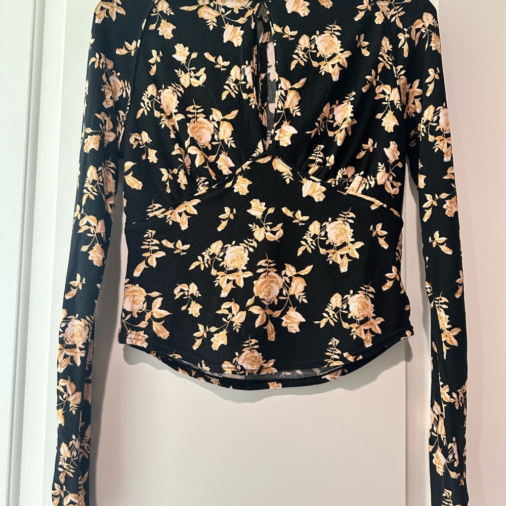 FREE PEOPLE Small Black Floral slinky brushed jersey mock neck Dinner Party Top